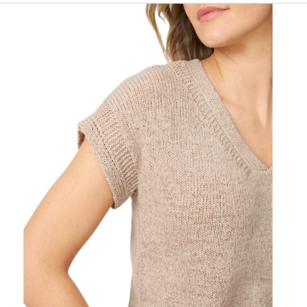 Melissa Paige Women's V-Neck Short-Sleeve Tape-Yarn Sweater Oxford Tan NWT - Picture 3 of 4